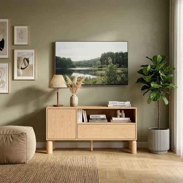 Szafka RTV Sanden 120 cm dąb bookmatch — aranżacja