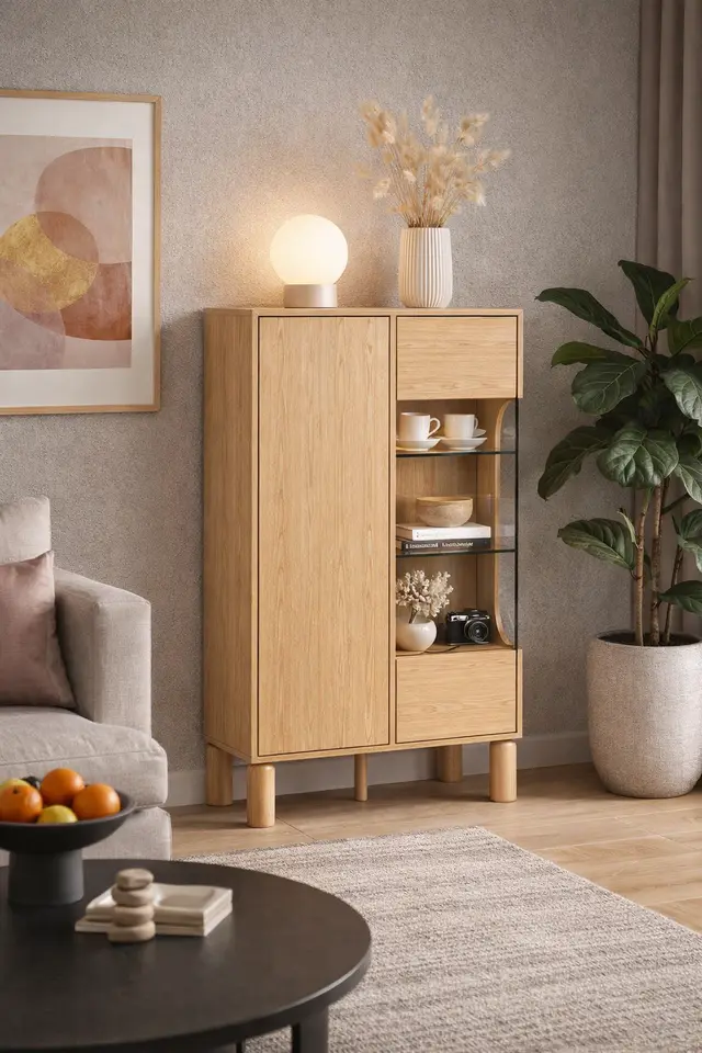 Witryna Sanden 89 cm dąb bookmatch — aranżacja