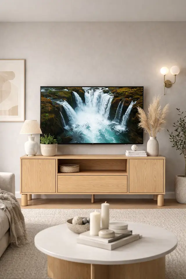 Szafka RTV Sanden 160 cm dąb bookmatch — aranżacja